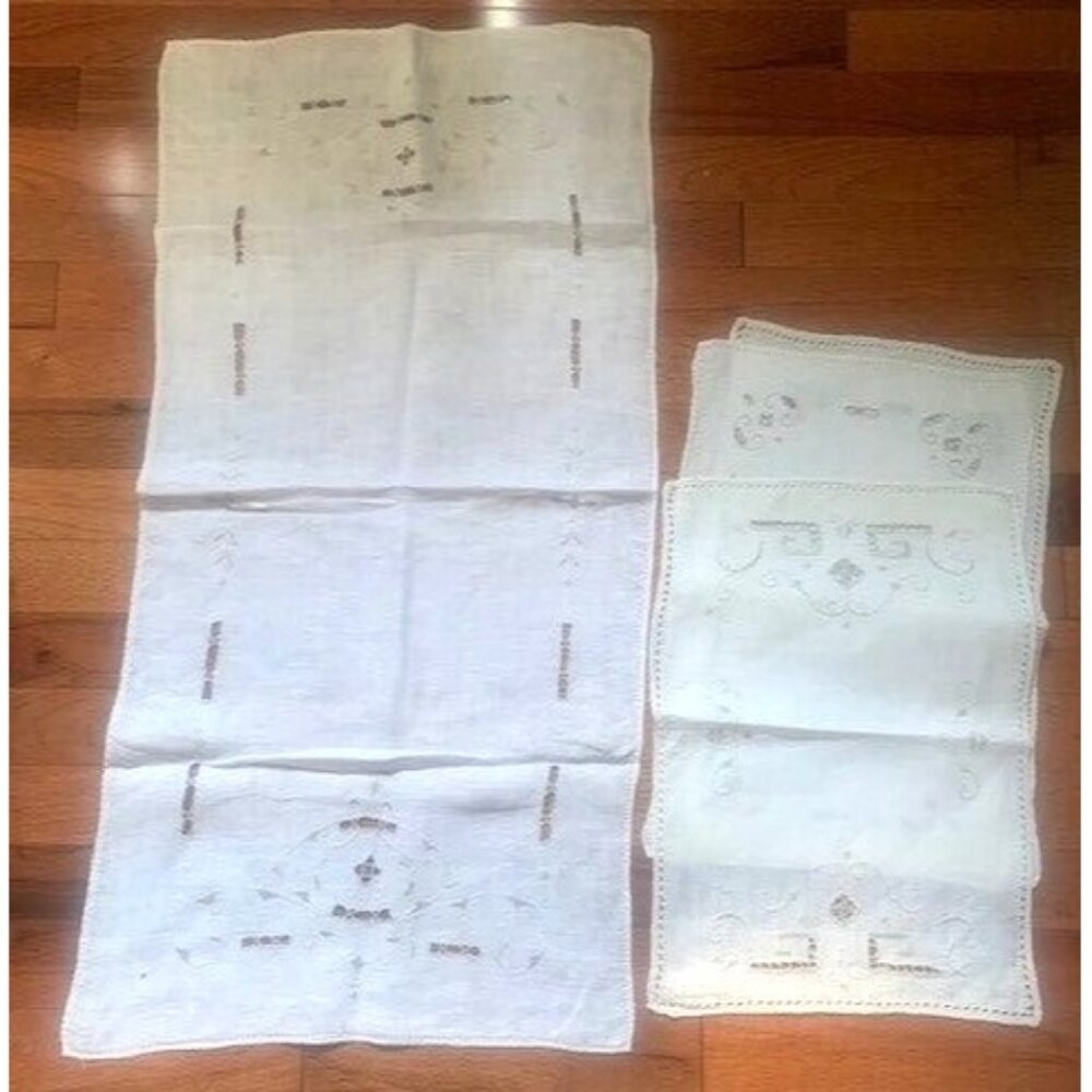 Vintage White Cutwork Linen Table Runner & Rectangular Doilies Set
